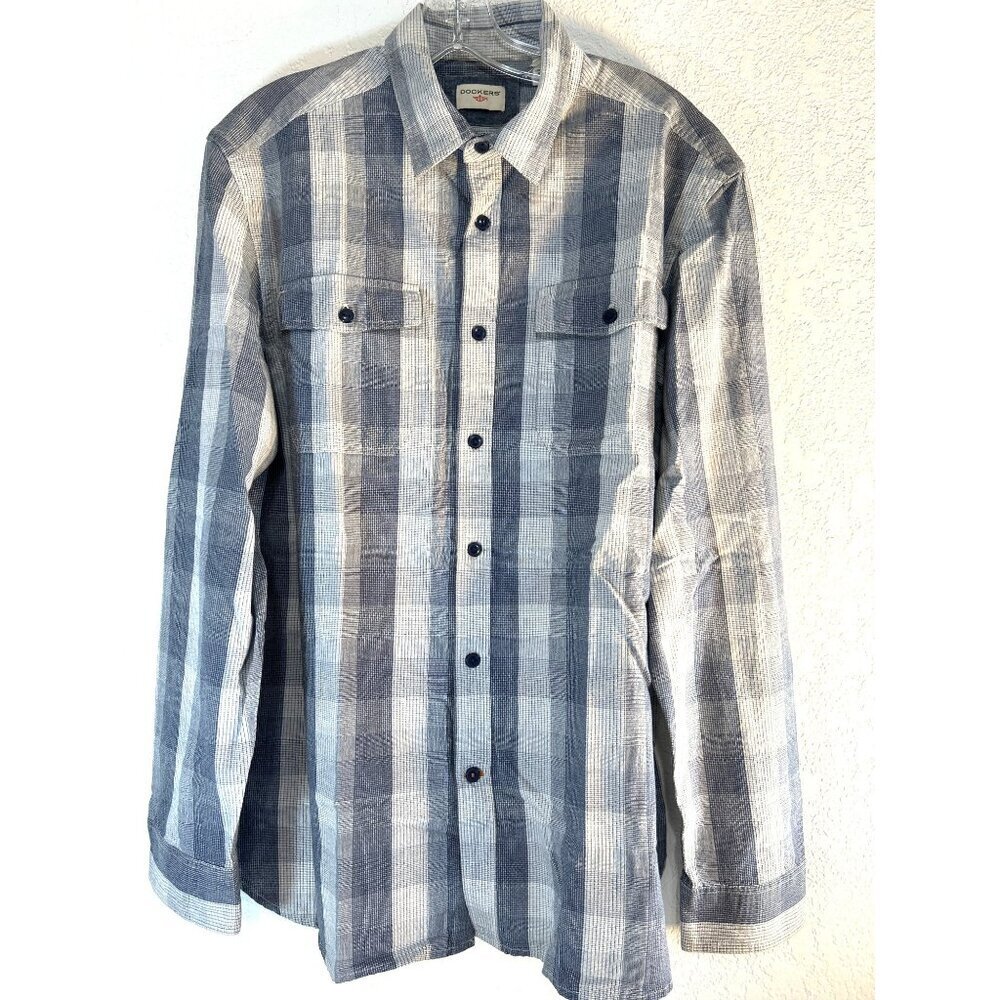 Dockers Mens Dress Shirt Long Sleeves Blue/Gray Plaid Spread Collar Size Large